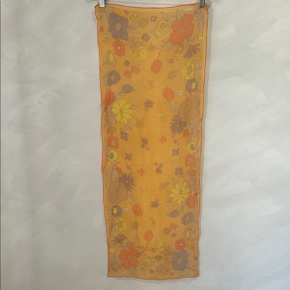 Vintage silk rectangular scarf bright yellow 70s floral